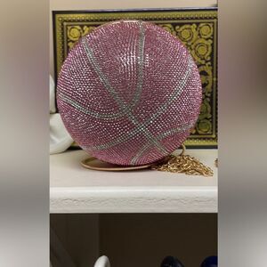 Pink Silver Basketball Rhinestone Crystal Clutch Wristlet Purse